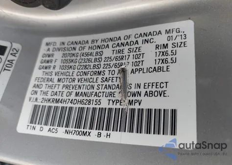 2013 Honda Cr-V Ex-L from USA, damaged, VIN 2HKRM4H74DH628155